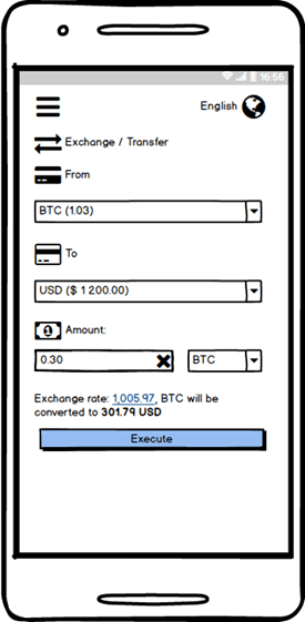 Cryptocurrency conversion application screen