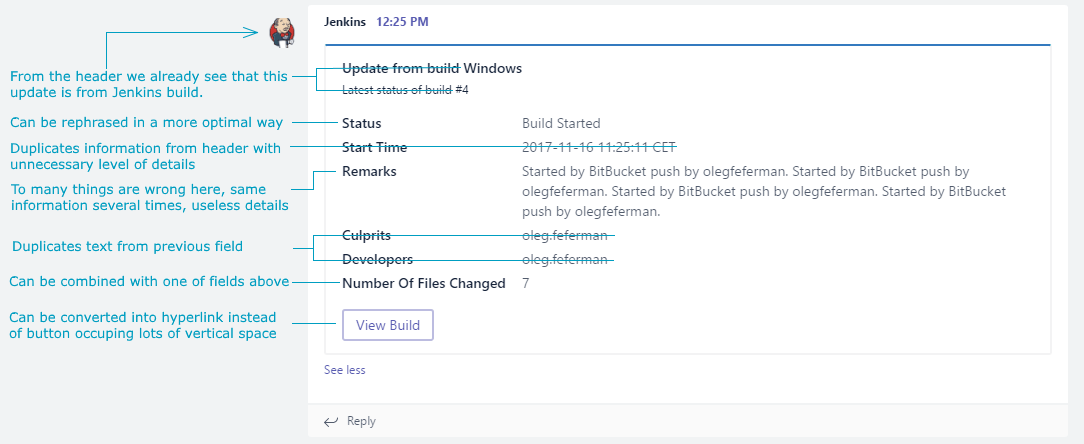 This is how your build notification will look in the Microsoft Teams channel