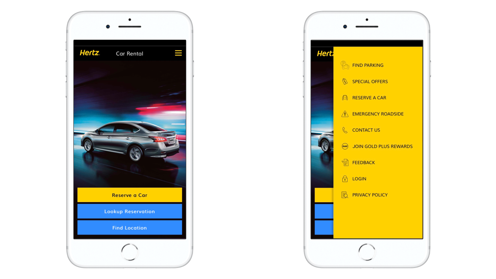Hertz car rental mobile application home page screenshot