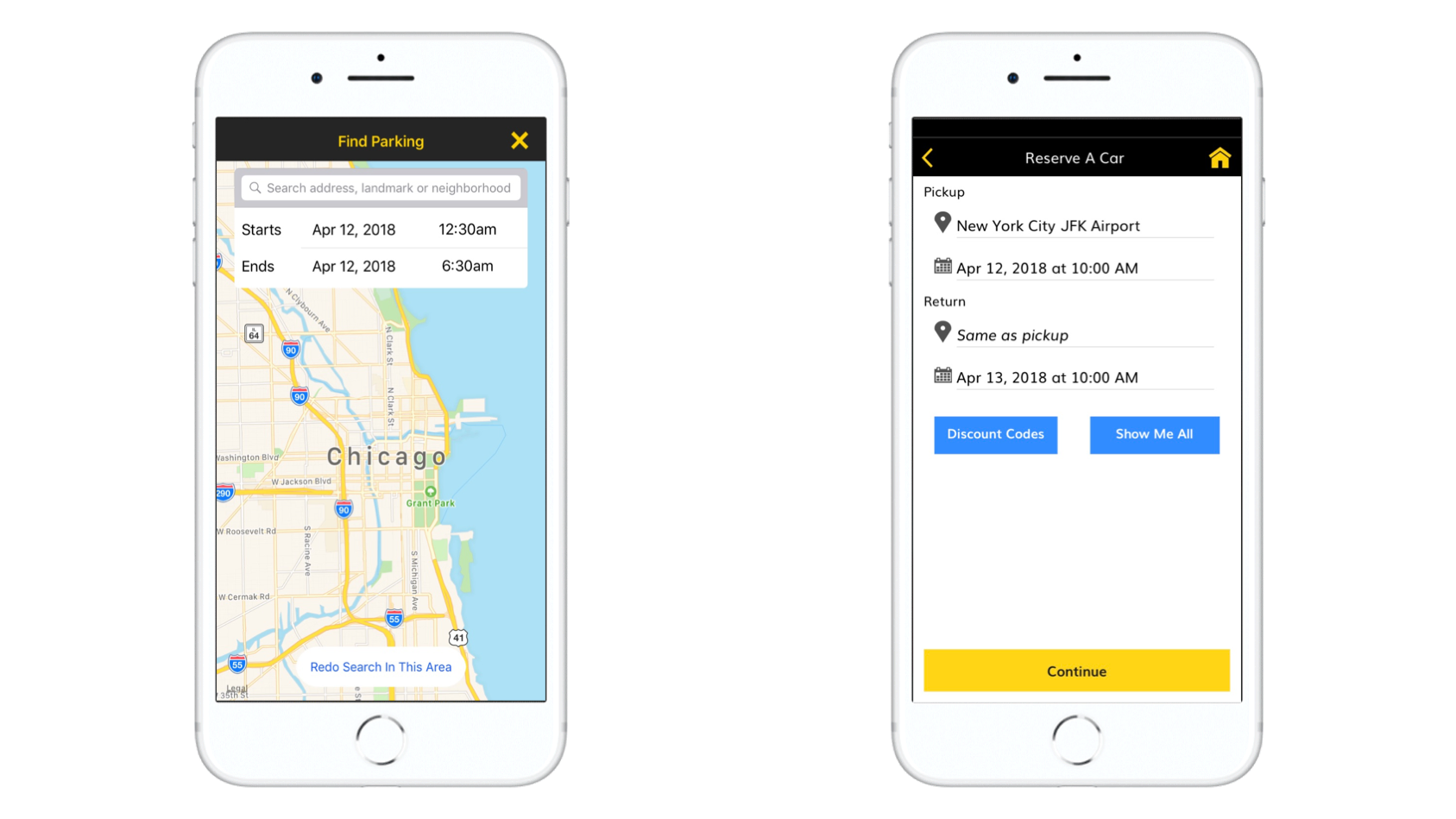 Hertz car rental mobile application parking location and car booking screenshots