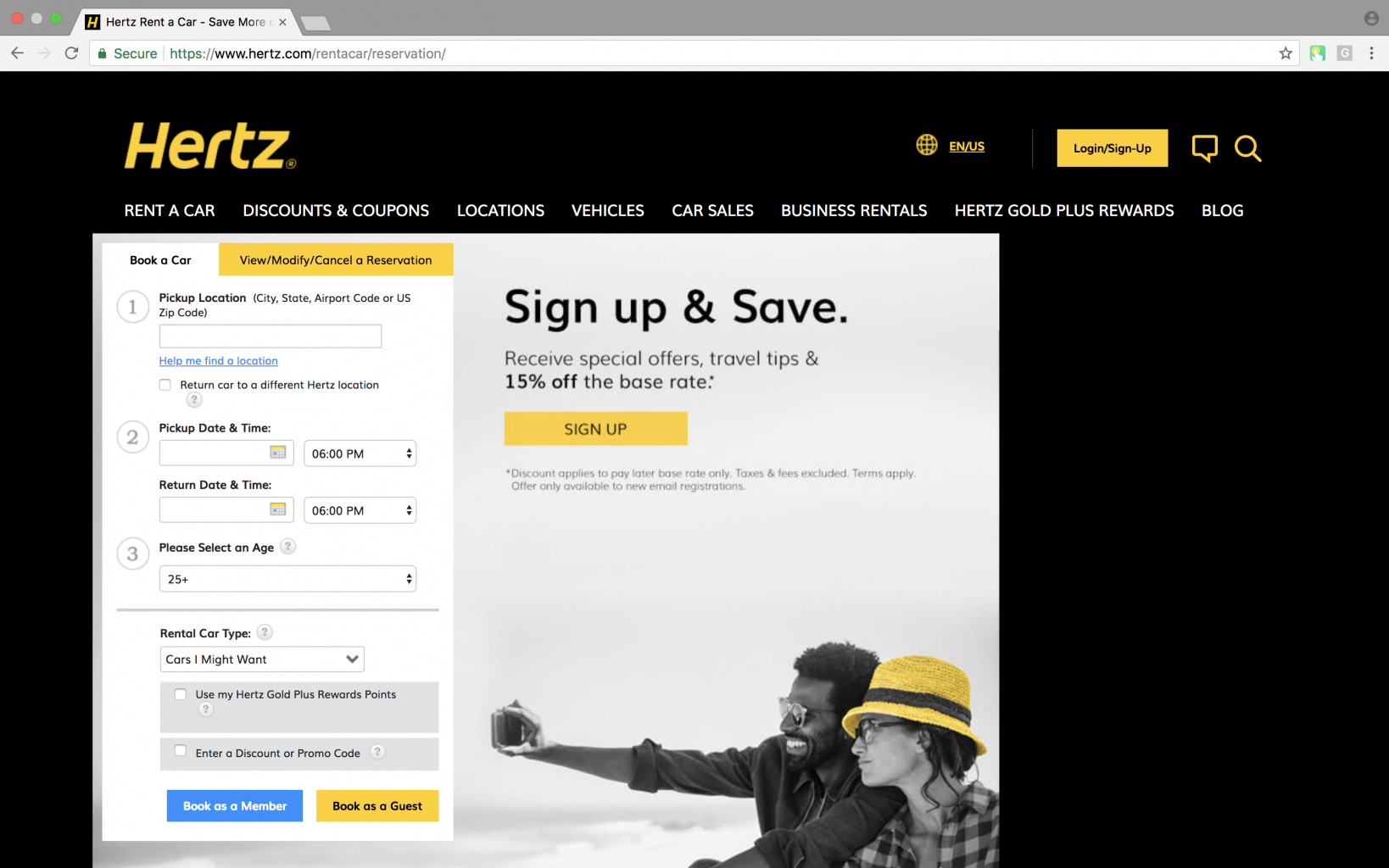 hertz car rental web application screenshot
