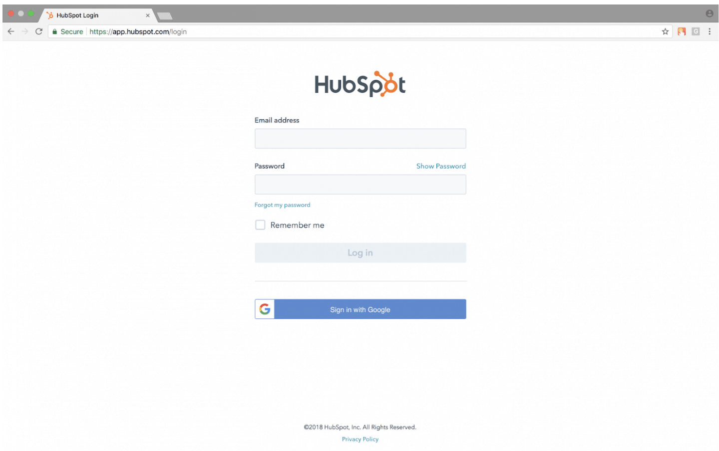 example of the custom web application development cost on the HubSpot login page