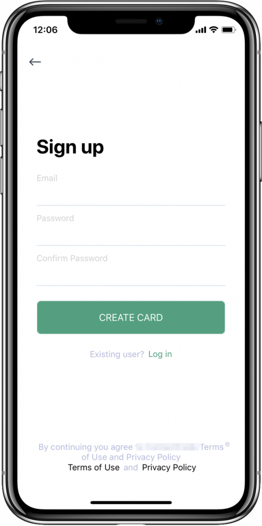  Sign up screen of the mobile app